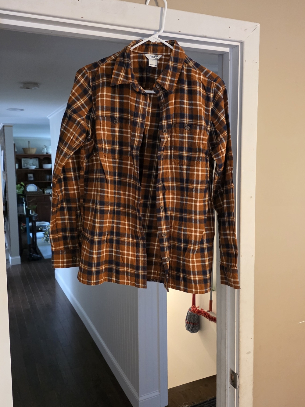 Duluth Trading Co Orange and Navy Plaid Button-Down Shirt